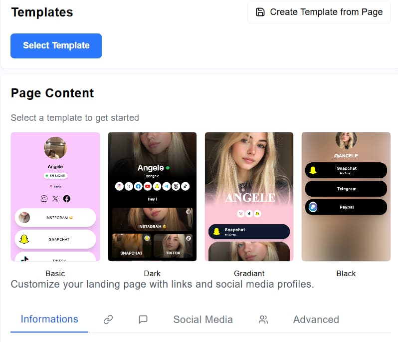 Template landing page link in bio