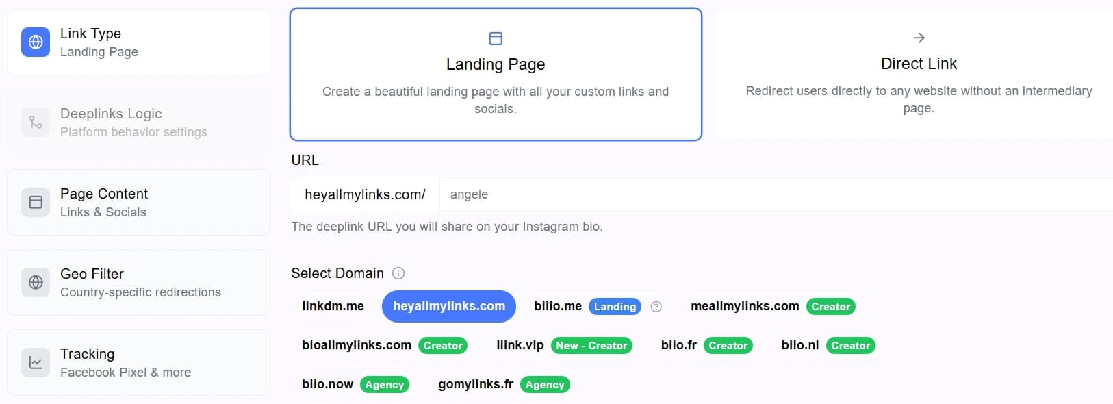 Landing page interface