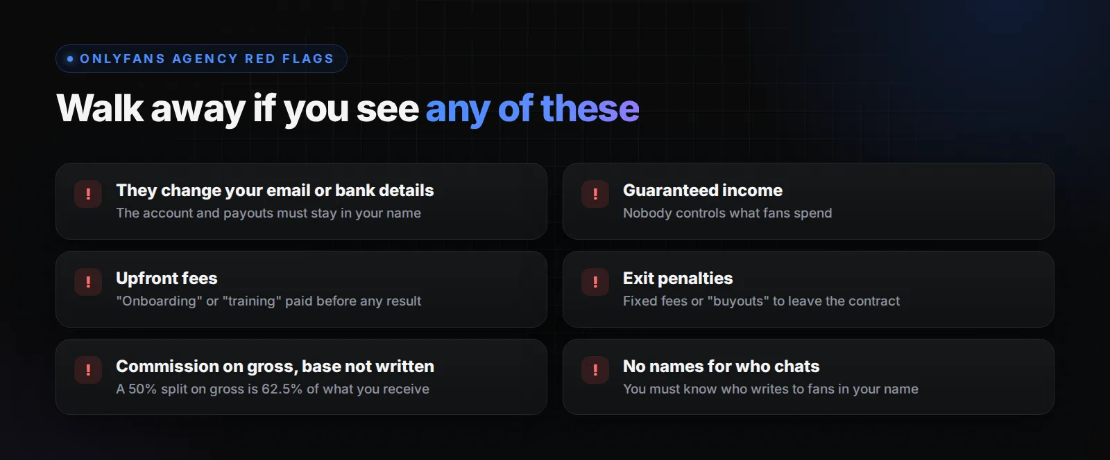 Varselsignaler for OnlyFans-byråer: endret e-post eller bankdetaljer, garantert inntekt, forhåndsgebyrer, uttredelsesgebyrer, provisjon av bruttoinntekt, ikke-navngitte chattere