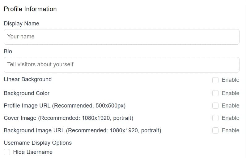 Profile info landing page