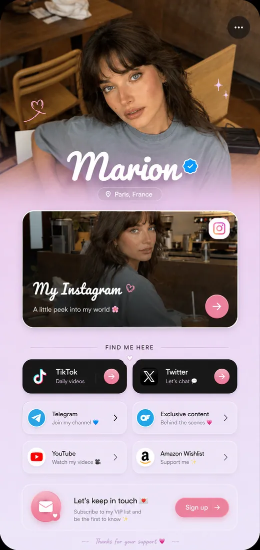 Link in bio page example, MYM creator, built with LinkScale