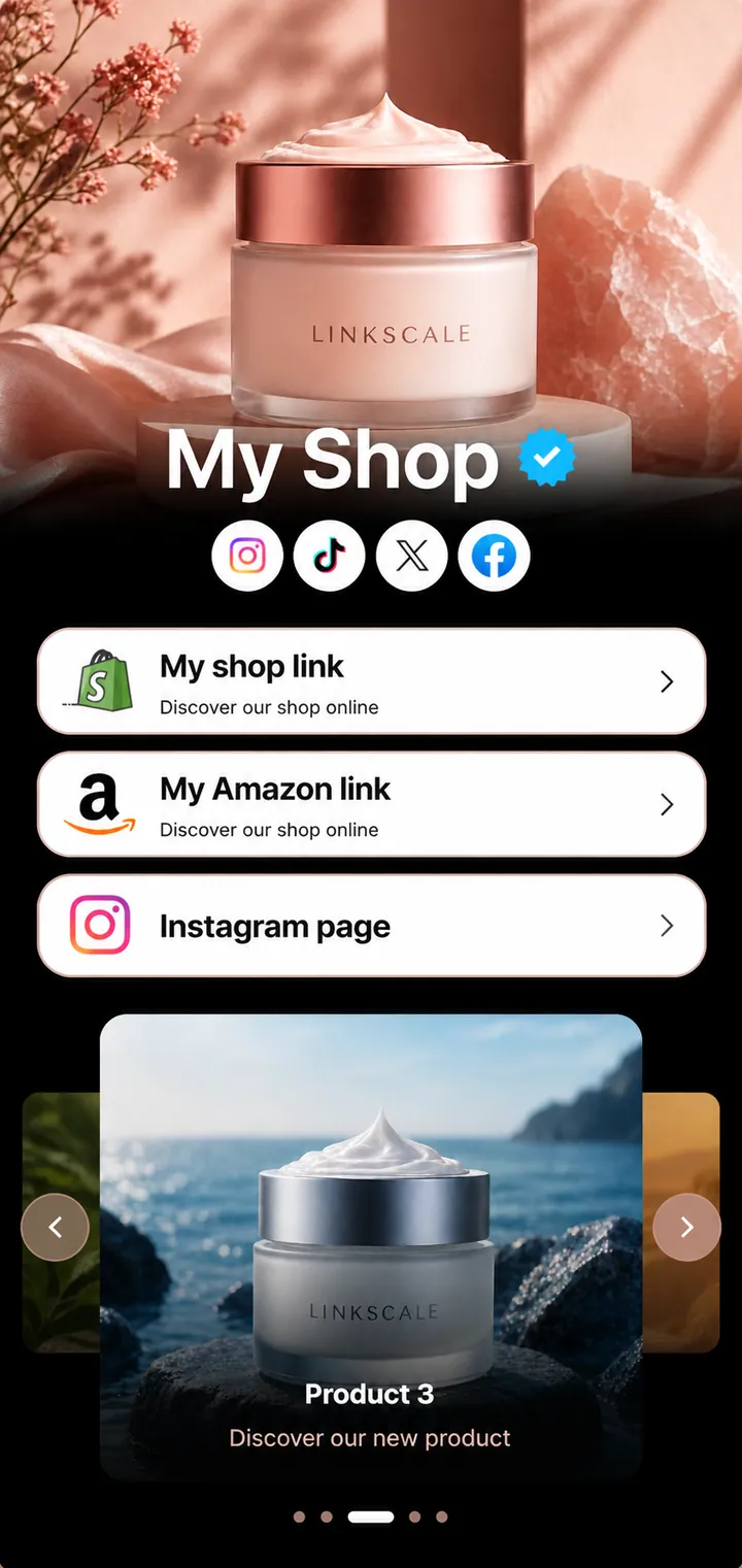 Link in bio page example, Beauty & products, built with LinkScale